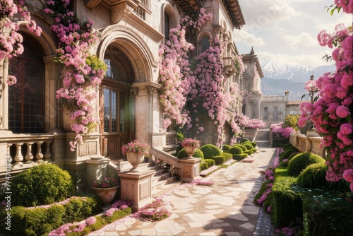 Luxurious estate with lush pink flowers and mountains