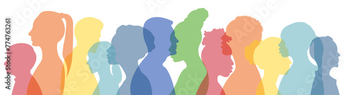  Silhouettes of a group of people.Silhouettes of people of different nationalities standing side by side.Vector illustration. photo