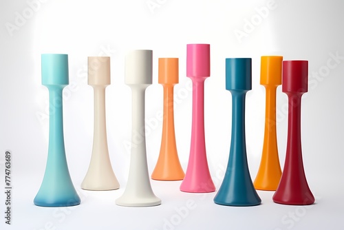 A collection of sleek, matte-finished candlesticks in assorted bold hues, casting soft, colorful glows, isolated on white solid background