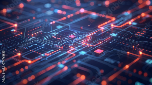 Computer Technology, a close-up, high-resolution view of a circuit board, highlighting its complex pathways and electronic components