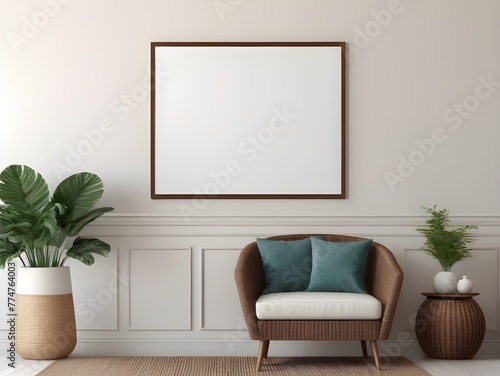 Mockup poster frame in living room with minimal interior background, interior mockup with house background, frame mockup