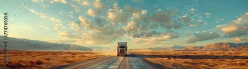 A delivery truck driving along the road against the background of the summer nature of the USA. Front view. Banner. Copy space. photo