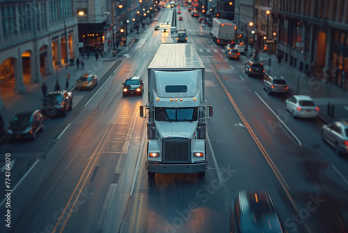 A delivery truck is driving along a city road in an American city in the evening.