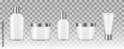 3d various blank container mock-ups, including jar, pump bottle, cream tube isolated on white background. Set of realistic mockup cosmetic white clean bottles. Realistic cosmetic package.
 photo