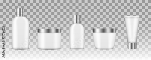 3d various blank container mock-ups, including jar, pump bottle, cream tube isolated on white background. Set of realistic mockup cosmetic white clean bottles. Realistic cosmetic package.
