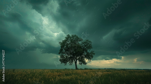 Weather Photography, a solitary tree standing in a vast field under a turbulent stormy sky, characterized by dark clouds and falling rain, capturing a dramatic weather event.
