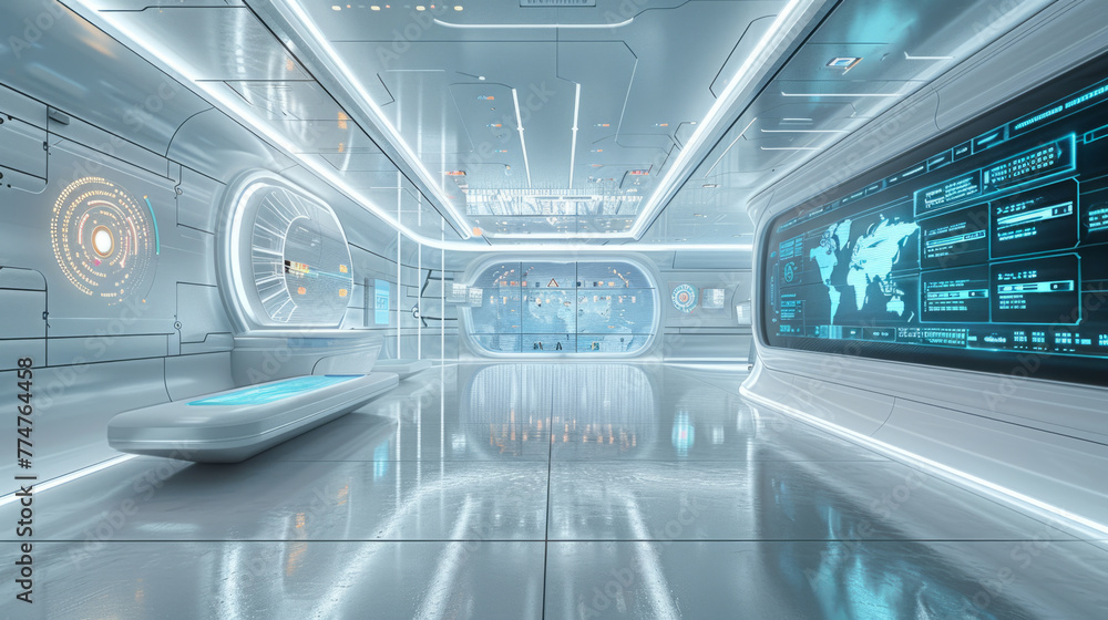 Futuristic Interior, a high-tech control room or operations center, featuring advanced digital displays, a modern, sleek design, and a sci-fi aesthetic. Futuristic Interior, a high-tech control room or operations center, featuring advanced digital displays, a modern, sleek design, and a sci-fi aesthetic.
