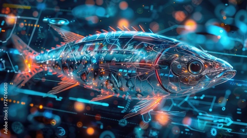 A futuristic depiction of a mackerel swimming through a digital landscape while being observed by a stethoscope