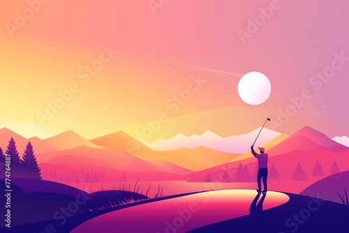 Golf player hitting the ball at golf course with landscape mountain and sunset sky. Modern art grainy gradient as a background. Generative AI