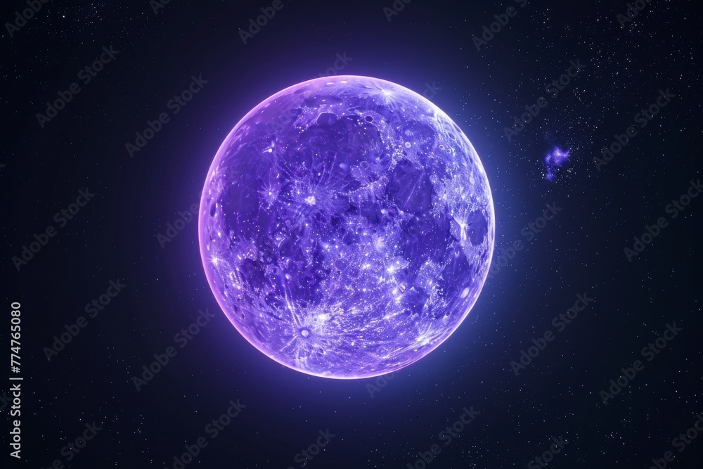 Purple super moon glowing with halo isolated on black background