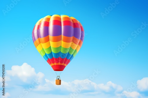 A colorful hot air balloon floating in a clear blue sky, isolated on white solid background