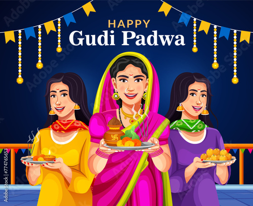 Creative illustration greeting card design of Happy Gudi Padwa festival. Indian festival promotion and advertisement concept