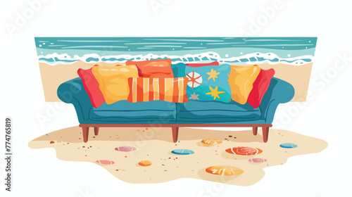 Pom pom couch on the beach Flat vector isolated on wh