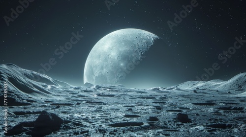 Surreal lunar landscape with a large moon rising above the horizon against a starry sky.