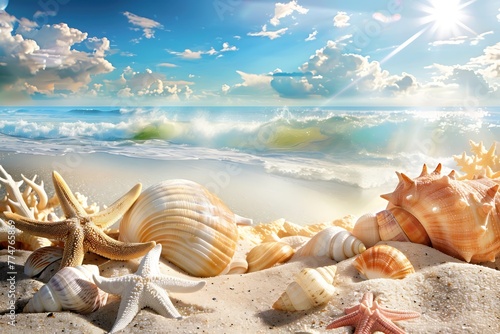 Starfish and shells in sea water. Summer vacation illustration - sea inhabitants on tropical exotic beach sand with sea view and bright blue sky.