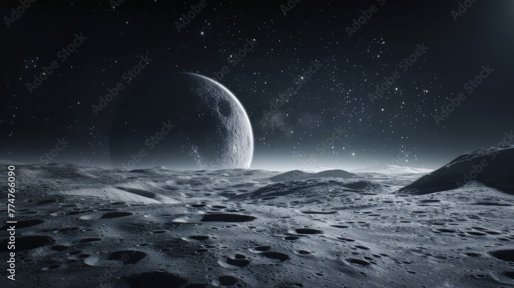 Fototapeta premium Monochromatic view of a lunar landscape with a large planet on the horizon against a starry sky.