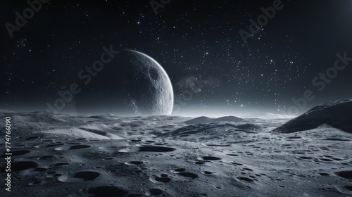 Monochromatic view of a lunar landscape with a large planet on the horizon against a starry sky.
