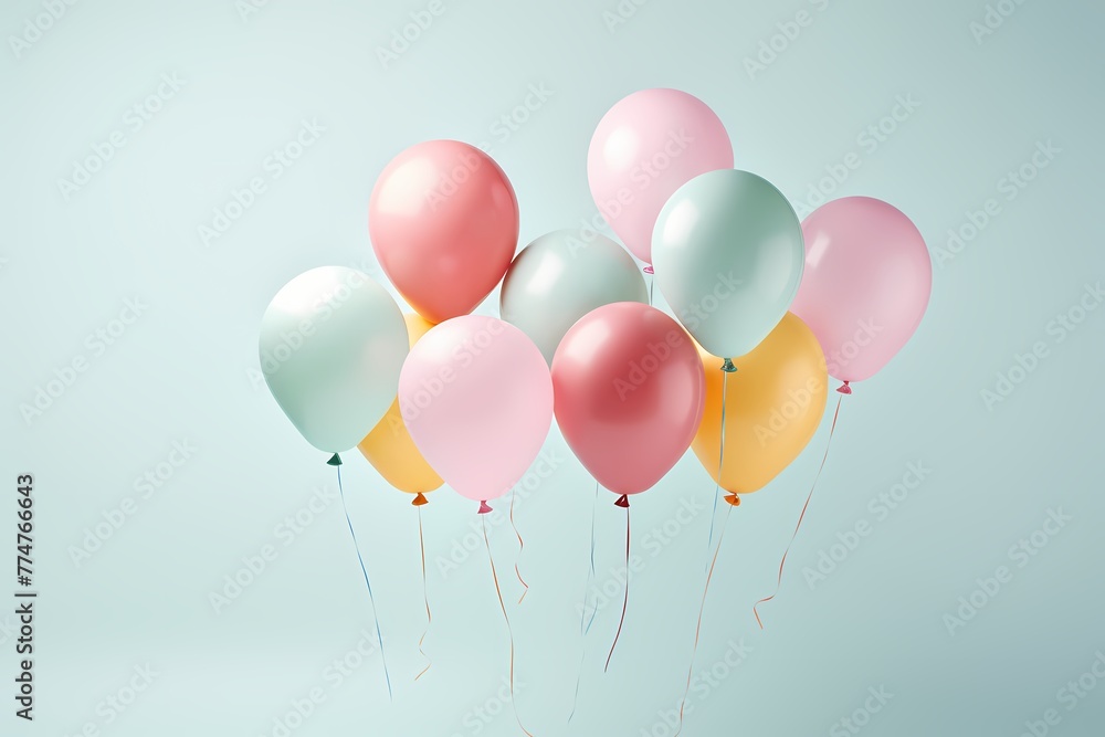 A group of pastel-colored balloons floating in mid-air isolated on white solid background