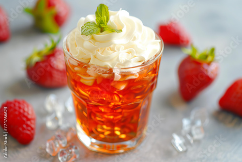 cold sweet fruit tea in a transparent glass with a cap of salt whipped cream cheese. trendy summer beverage