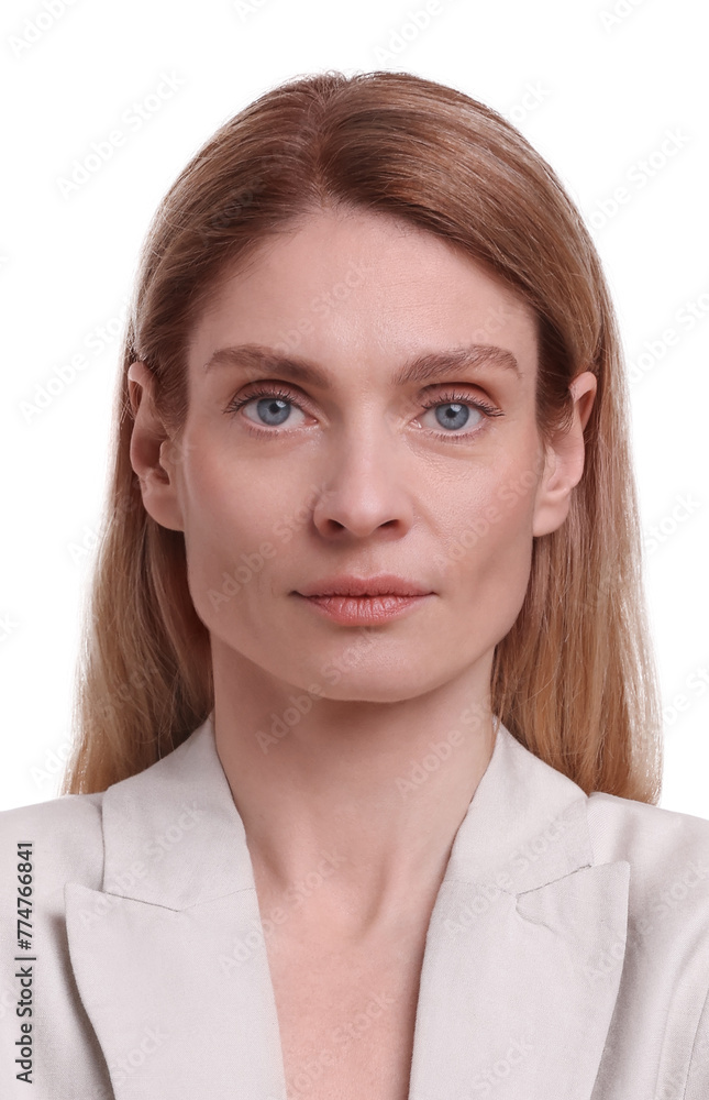 Passport photo. Portrait of woman on white background Passport photo. Portrait of woman on white background