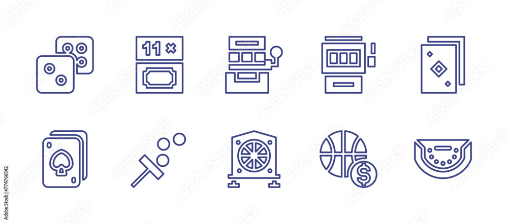 Betting line icon set. Editable stroke. Vector illustration. Containing gambling, dices, baccarat, poker cards, scratch, playing card, gamble, slot machine, jackpot machine, roulette.