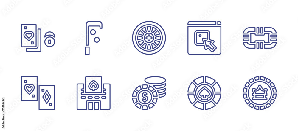 Betting line icon set. Editable stroke. Vector illustration. Containing online betting, casino, poker chip, roulette, coin, stick, poker table, playing cards, poker.