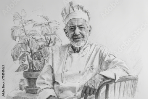 Pencil drawing of a smiling chef sit on a chair