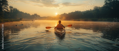 A person is paddling a canoe on the water at sunset. Generative AI.
