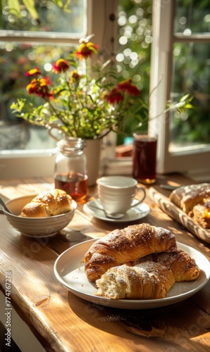 A plate of pastries and coffee on a table in front of the window. Generative AI.