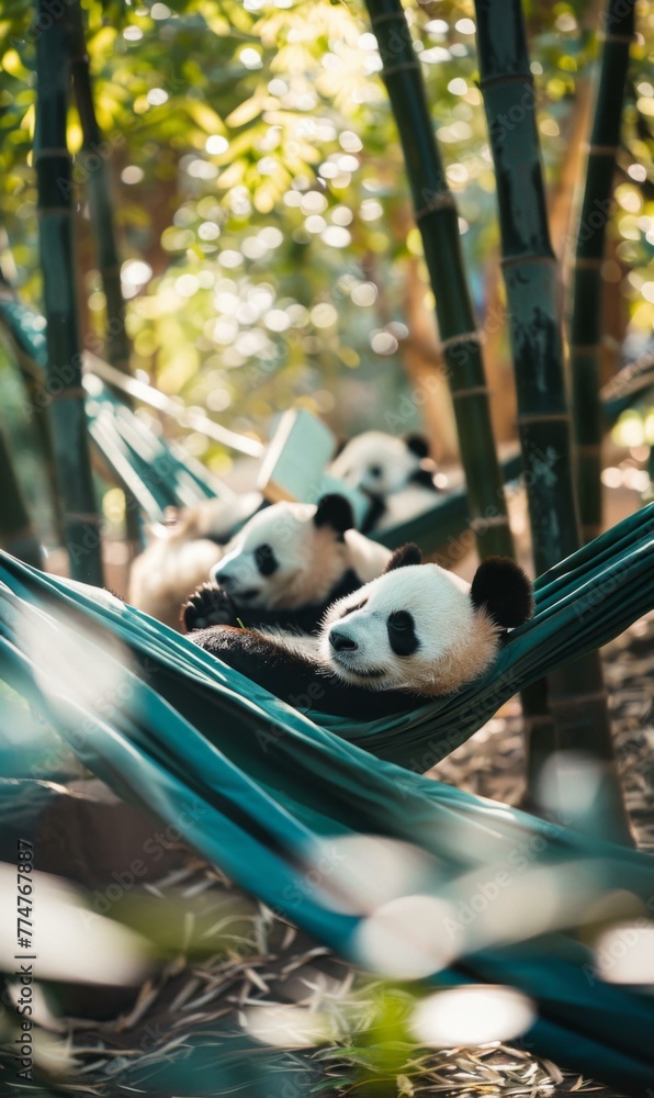 Fototapeta premium Three panda bears are laying in a hammock together. Generative AI.