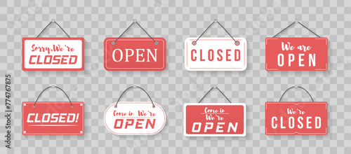A business sign that says Come In, We're Open. Image of various open and closed business signs. Signboard with a rope.