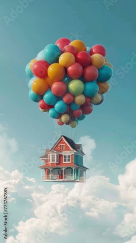 A house floating in the air with balloons attached to it. Generative AI.