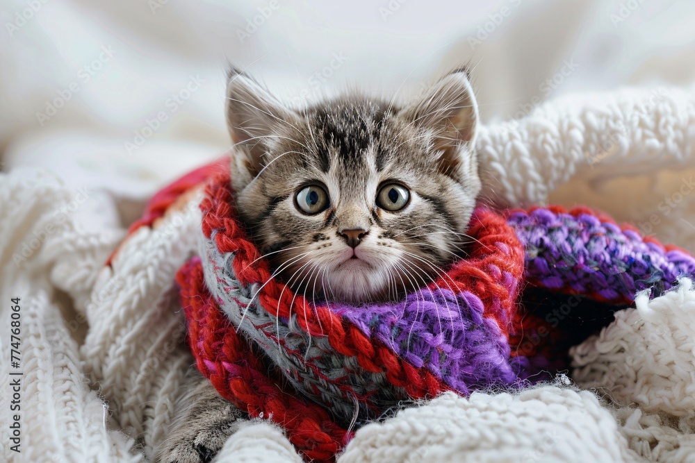 Kitty Knit A Cute Kitten in a Purple and Red Scarf Generative AI