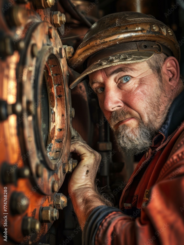 A man in a hat and orange jacket looking through the hole. Generative AI. A man in a hat and orange jacket looking through the hole. Generative AI.