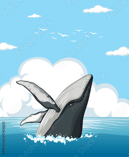 Illustration of a whale tail breaching the sea surface.