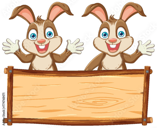 Two happy rabbits holding a blank sign.