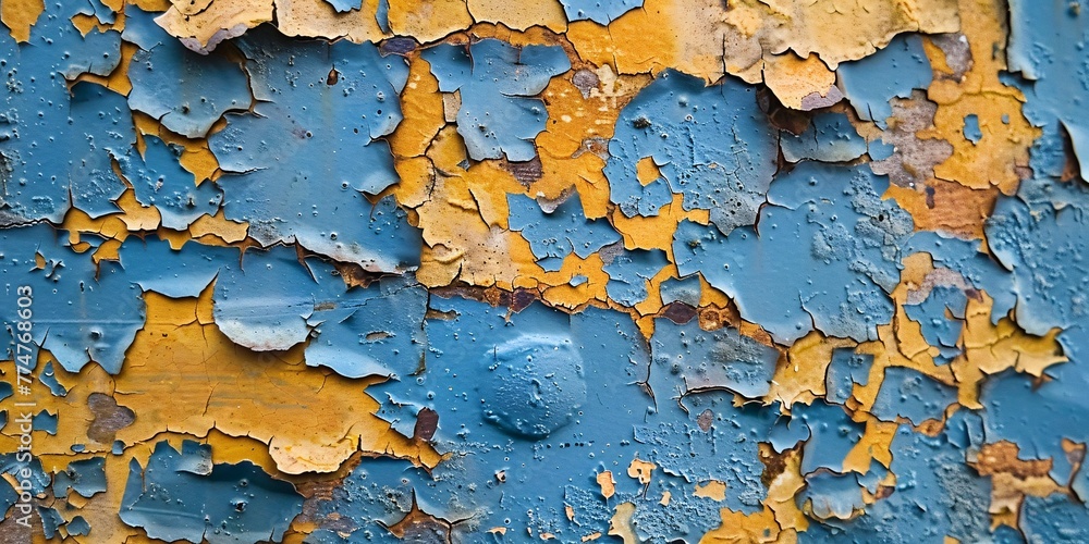 Faded Blue Wall with Yellow Peeling Paint Generative AI