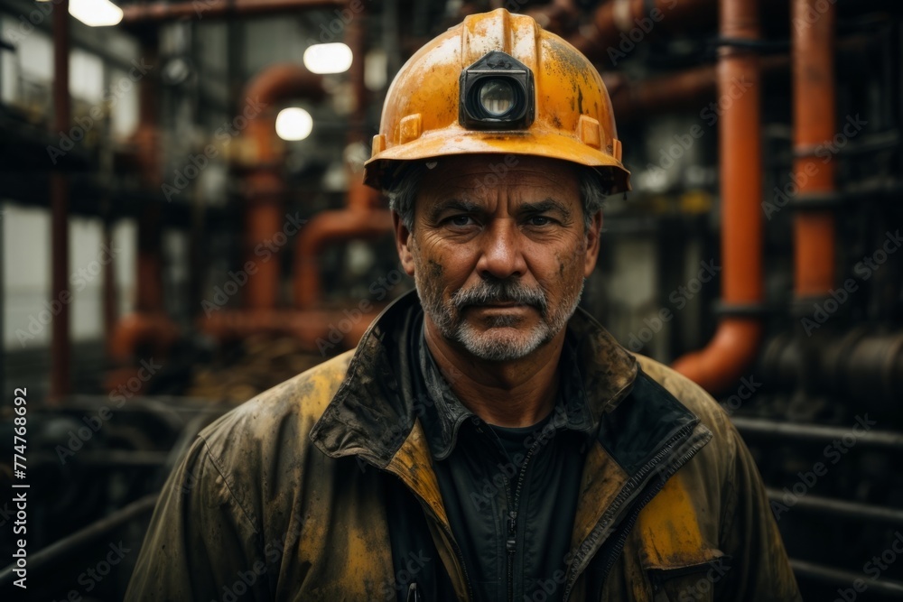 A man in a yellow helmet and jacket stands in front of a pipe A man in a yellow helmet and jacket stands in front of a pipe