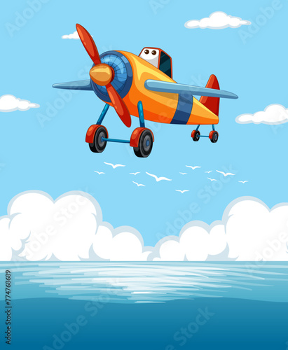 Animated airplane flying above ocean with clouds.