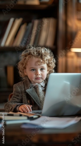 A young boy in a suit and tie sitting at a desk with a laptop. Generative AI.