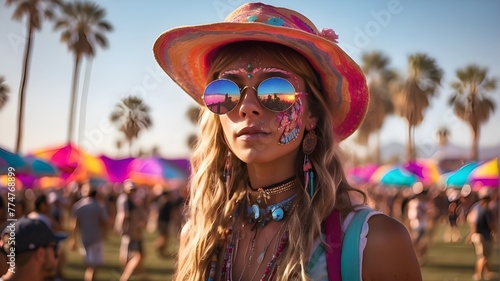vibrant music event of sound and energy, Coachella. A sensory carnival including acts ranging from electronic beats to indie rock takes place. A portrait of a person at Coachella.