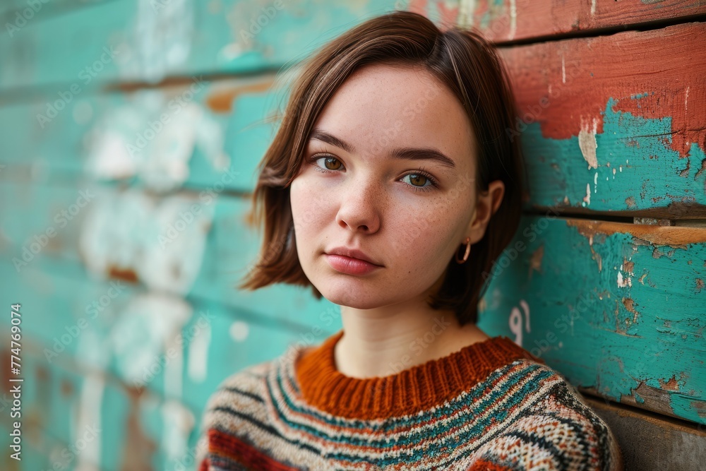Portrait of a beautiful young woman in a sweater against the background of an old brick wall Portrait of a beautiful young woman in a sweater against the background of an old brick wall