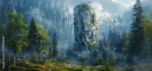 A majestic mountain with a lush green forest and a waterfall Generative AI © Satyam