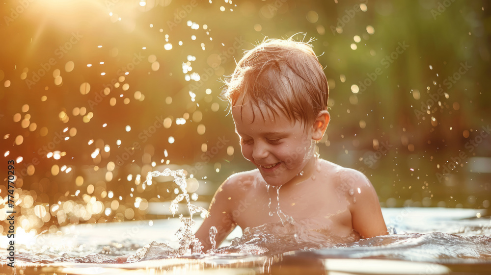 Joyful Child Playing in Water at Sunset - A happy young child splashing water, basking in warm sunset light.