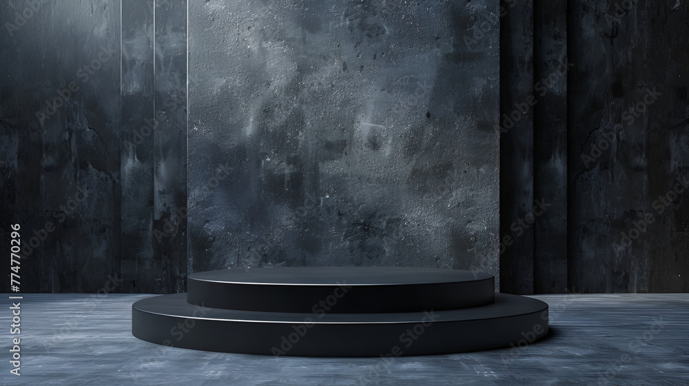 Pedestal of Platform display with black stand podium on dark room background, Blank product shelf, Luxury natural stone podium for showing packaging, Blank Exhibition, Generative Ai