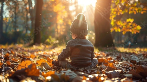 Child Sitting Amidst Autumn Leaves - Tender scene of a child sitting on the forest floor amid a myriad of fallen autumn leaves illuminated by a warm sunset glow