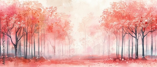 Stark trees painted on a canvas of spring watercolor wash