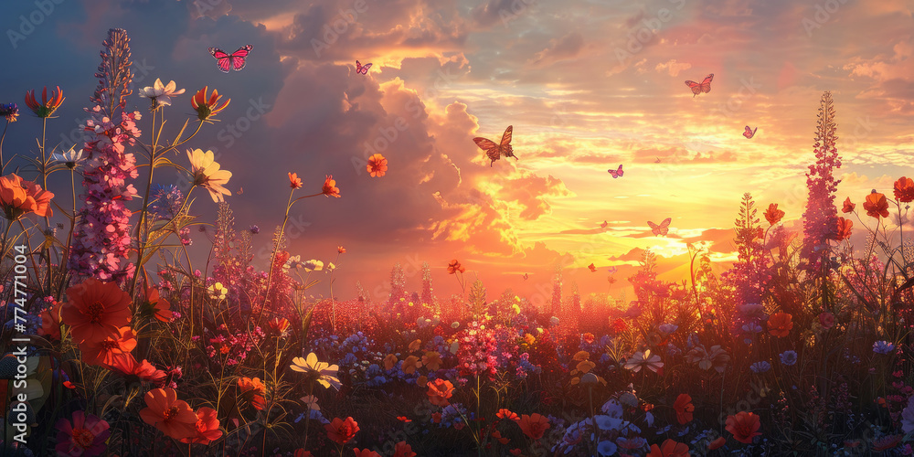 Obraz premium fiori di malva multicolore sul campo, farfalle volanti sullo sfondo dell'alba, stile pittura, arte digitale, quadro digitale di fiori primaverili