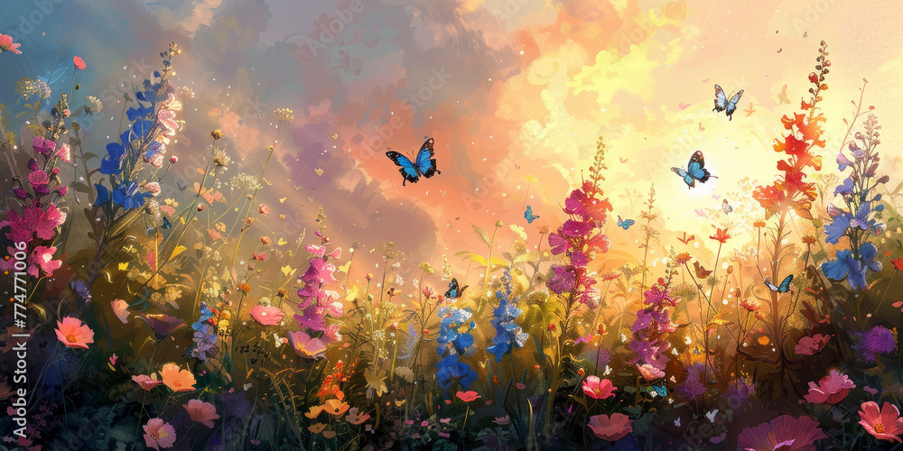fiori di malva multicolore sul campo, farfalle volanti sullo sfondo dell'alba, stile pittura, arte digitale, quadro digitale di fiori primaverili - obrazy, fototapety, plakaty 