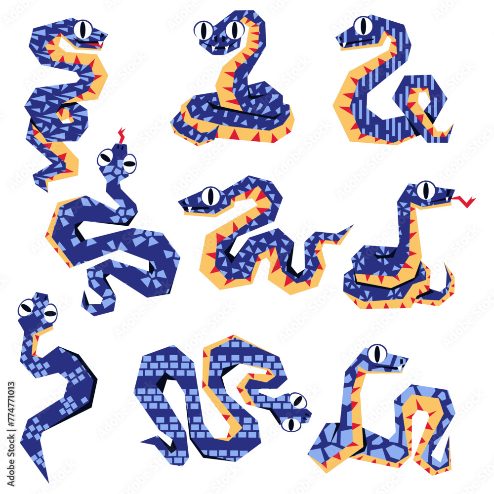 Set of snakes 2025 in blue and geometrically crawling from above. Isolated sinuous snakes in different poses. Vector illustration in a flat style. Animal of the year 2025 with different textures